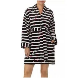 Kate Spade New York‎ Women's M Black White Striped Polka Dot Plush Robe
